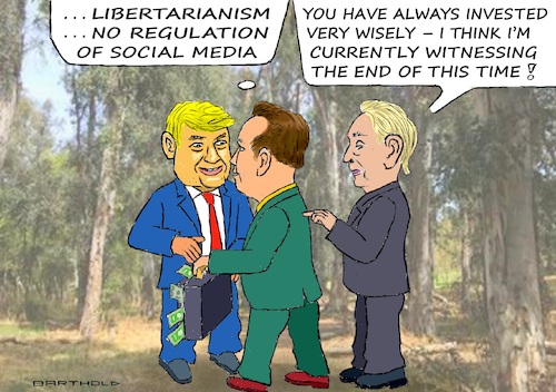 Cartoon: Will not Get what He Wants (medium) by Barthold tagged elon,musk,support,money,case,election,campaign,donald,trump,goal,libertarian,government,lean,state,no,regulation,social,media,freedom,distribute,fake,information,manipulation,people,consumers,george,soros,antagonist,republicans,cartoon,caricature,barthold,elon,musk,support,election,campaign,donald,trump,goal,libertarian,government,lean,state,no,regulation,social,media,freedom,distribute,fake,information,manipulation,people,consumers,george,soros,antagonist,republicans,cartoon,caricature,barthold