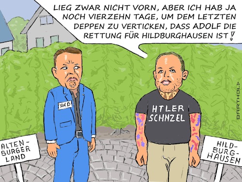 Cartoon: Zwei üb. die die Stichw. richtet (medium) by Barthold tagged thüringen,kommunalwahlen,2024,dreizehn,stichwahlen,erforderlich,heiko,philipp,afd,altenburger,land,meiste,stimmen,tommy,frenck,bzh,hildburghausen,hitlerfan,radikal,cartoon,karikatur,barthold,die,thüringen,kommunalwahlen,2024,dreizehn,stichwahlen,erforderlich,heiko,philipp,afd,altenburger,land,meiste,stimmen,tommy,frenck,bzh,hildburghausen,hitlerfan,radikal,cartoon,karikatur,barthold