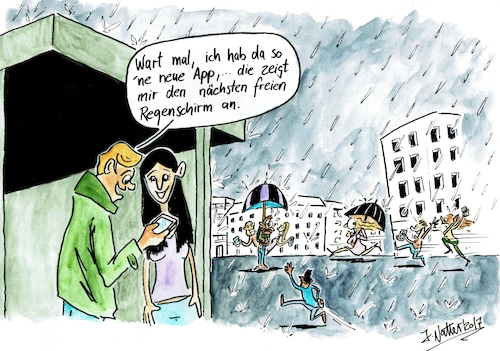 Cartoon: neue App (medium) by Jens Natter tagged handy,smartphone,cartoon,gag,zeichnung,witz,technik,telefon,teilen,handy,smartphone,cartoon,gag,zeichnung,witz,technik,telefon,teilen,regen,regenschirm,wetter,paar