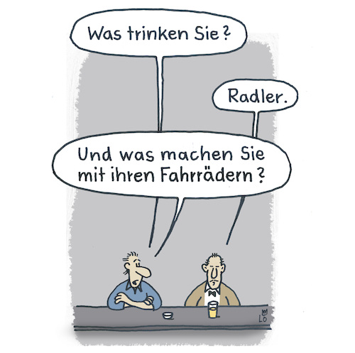 Cartoon: An der Theke (medium) by Lo Graf von Blickensdorf tagged getränk,kneipe,bier,mann,männer,cartoon,theke,tresen,fahrräder,rad,radler,getränk,kneipe,bier,mann,männer,cartoon,theke,tresen,fahrräder,rad,radler