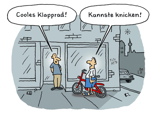 Cartoon: Cooles Rad (medium) by Lo Graf von Blickensdorf tagged faltrad,klapprad,fahrrad,knicken,mann,kumpel,freund,karikatur,lo,graf,cartoon,rad,verkehr,umwelt,sport,mountainbike,gangschaltung,pedale,verkehrsmittel,cool,faltrad,klapprad,fahrrad,knicken,mann,kumpel,freund,karikatur,lo,graf,cartoon,rad,verkehr,umwelt,sport,mountainbike,gangschaltung,pedale,verkehrsmittel,cool