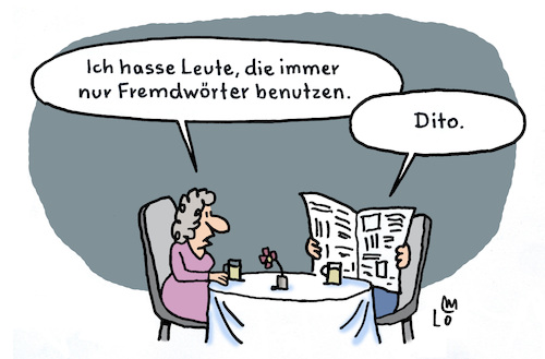 Cartoon: Fremdwörter (medium) by Lo Graf von Blickensdorf tagged paar,ehepaar,sprache,mann,frau,fremdwörter,fremdwort,beziehung,menschen,leute,nachbarn,intelektuelle,karikatur,lo,graf,cartoon,küchentisch,paar,ehepaar,sprache,mann,frau,fremdwörter,fremdwort,beziehung,menschen,leute,nachbarn,intelektuelle,karikatur,lo,graf,cartoon,küchentisch