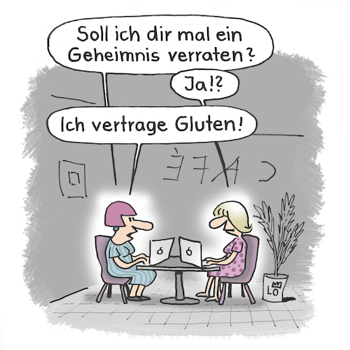 Cartoon: Geheimnis (medium) by Lo Graf von Blickensdorf tagged glutenfrei,gluten,cartoon,lactose,prenzlauer,berg,lattemacciatomütter,cafe,laptop,notebook,gesundheit,mode,frauen,studentin,internetcafe,lactoseintoleranz,glutenfrei,gluten,cartoon,lactose,prenzlauer,berg,lattemacciatomütter,cafe,laptop,notebook,gesundheit,mode,frauen,studentin,internetcafe,lactoseintoleranz