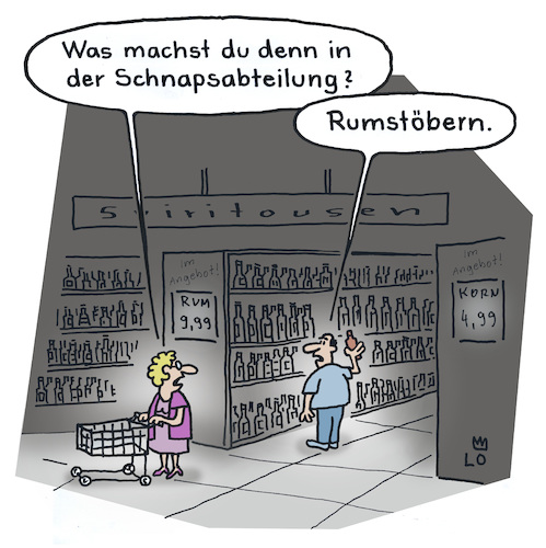 Cartoon: Im Supermarkt (medium) by Lo Graf von Blickensdorf tagged spirituosen,alkohol,ehemann,ehefrau,einkaufswagen,schnapsabteilung,mann,frau,karikatur,lo,cartoon,discounter,rum,schnaps,wortspiel,rumstöbern,beziehung,ehe,nahrung,lebensmittel,spirituosen,alkohol,ehemann,ehefrau,einkaufswagen,schnapsabteilung,mann,frau,karikatur,lo,cartoon,discounter,rum,schnaps,wortspiel,rumstöbern,beziehung,ehe,nahrung,lebensmittel