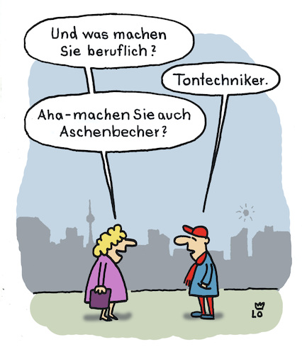 Cartoon: Kunsthandwerk (medium) by Lo Graf von Blickensdorf tagged frage,beruf,tontechniker,frau,mann,aschenbecher,kunsthanwerk,ton,handwerk,tontechnik,musik,konzert,karikatur,lo,cartoon,modellieren,frage,beruf,tontechniker,frau,mann,aschenbecher,kunsthanwerk,ton,handwerk,tontechnik,musik,konzert,karikatur,lo,cartoon,modellieren