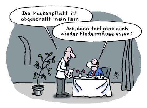 Cartoon: Maskenpflicht (medium) by Lo Graf von Blickensdorf tagged restaurant,maske,rki,robert,koch,institut,lauterbach,bundesländer,öpnv,politik,corona,coronavirus,maskenpflicht,fledermäuse,china,wuhan,wildtiermarkt,labor,fledermaus,ansteckung,pandemie,sars,karikatur,lo,graf,cartoon,restaurant,maske,rki,robert,koch,institut,lauterbach,bundesländer,öpnv,politik,corona,coronavirus,maskenpflicht,fledermäuse,china,wuhan,wildtiermarkt,labor,fledermaus,ansteckung,pandemie,sars,karikatur,lo,graf,cartoon