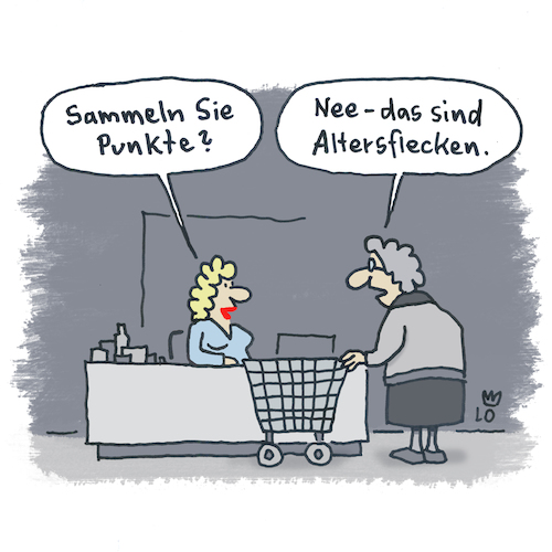 Cartoon: Neulich im Supermarkt... (medium) by Lo Graf von Blickensdorf tagged kassiererin,frau,supermarkt,kasse,alte,oma,warenband,einkaufswagen,treuepunkte,treueherzen,paypal,rewe,kundin,altersflecken,rentnerin,seniorin,lebensmittel,kassiererin,frau,supermarkt,kasse,alte,oma,warenband,einkaufswagen,treuepunkte,treueherzen,paypal,rewe,kundin,altersflecken,rentnerin,seniorin,lebensmittel