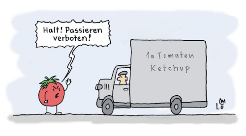 Cartoon: No Ketchup (medium) by Lo Graf von Blickensdorf tagged tomate,tomato,lkw,lastwagen,tomatensoße,karikatur,lo,graf,cartoon,passieren,küche,koch,soße,halt,stop,tomate,tomato,lkw,lastwagen,tomatensoße,karikatur,lo,graf,cartoon,passieren,küche,koch,soße,halt,stop