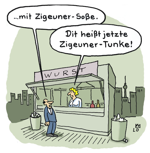 Cartoon: Politisch korrekt (medium) by Lo Graf von Blickensdorf tagged wurst,imbiss,currywurst,pommes,frites,zigeunersoße,zigeuner,sinti,roma,karikatur,mann,lo,cartoon,verkäuferin,imbisswagen,berlin,politisch,korrekt,wurst,imbiss,currywurst,pommes,frites,zigeunersoße,zigeuner,sinti,roma,karikatur,mann,lo,cartoon,verkäuferin,imbisswagen,berlin,politisch,korrekt