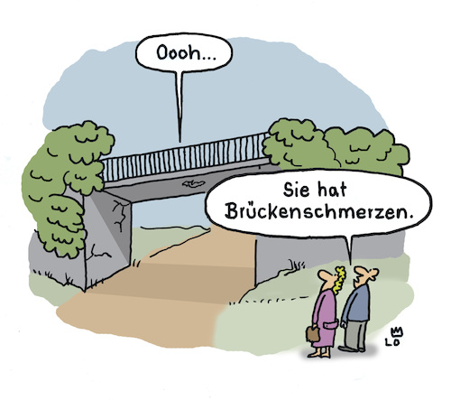 Cartoon: Sanierungsbedürftig (medium) by Lo Graf von Blickensdorf tagged hoch,und,tiefbau,straßenbau,brückenbau,sanierungsbedürftig,autobahnbrücke,brücke,ehepaar,pärchen,mann,frau,schmerzen,krank,rückenschmerzen,karikatur,lo,cartoon,wortspiel,hoch,und,tiefbau,straßenbau,brückenbau,sanierungsbedürftig,autobahnbrücke,brücke,ehepaar,pärchen,mann,frau,schmerzen,krank,rückenschmerzen,karikatur,lo,cartoon,wortspiel