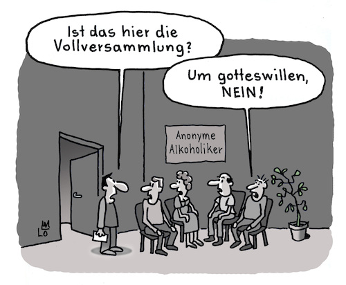 Cartoon: Selbsthilfegruppe (medium) by Lo Graf von Blickensdorf tagged anonyme,alkoholiker,selbsthilfegruppe,vollversammlung,gruppe,karikatur,lo,graf,cartoon,nein,anonyme,alkoholiker,selbsthilfegruppe,vollversammlung,gruppe,karikatur,lo,graf,cartoon,nein