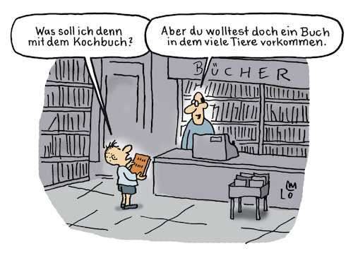 Cartoon: Tierbuch (medium) by Lo Graf von Blickensdorf tagged buch,junge,kind,buchhandlung,buchmesse,kochbuch,tiere,vegan,vegetarisch,fleisch,gericht,kochen,verwechselung,mann,buchhänler,buchladen,karikatur,lo,graf,tierbuch,kinderbuch,leseratte,buch,junge,kind,buchhandlung,buchmesse,kochbuch,tiere,vegan,vegetarisch,fleisch,gericht,kochen,verwechselung,mann,buchhänler,buchladen,karikatur,lo,graf,tierbuch,kinderbuch,leseratte