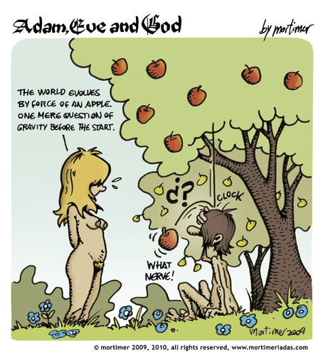 Cartoon: adam eve and god 15 (medium) by mortimer tagged mortimer,mortimeriadas,cartoon,comic,gag,adam,eve,god,bible,paradise,eden,biblical,christian,original,sin,nude,toons,hairy,belly,blonde,illustration,illustrationen,gott,bibel,religion,adam,eva,entstehung,paradies