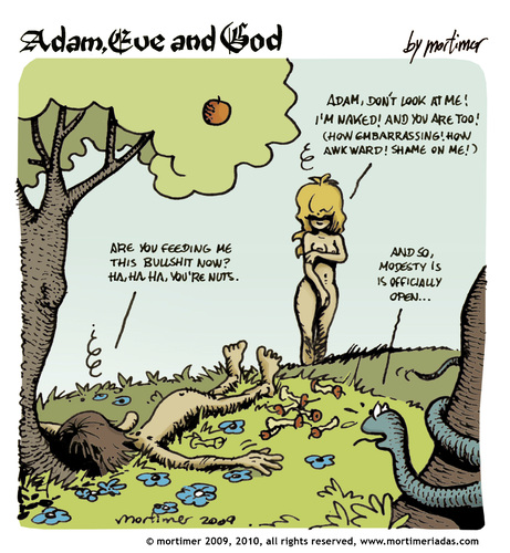 Cartoon: adam eve and god 17 (medium) by mortimer tagged mortimer,mortimeriadas,cartoon,comic,gag,adam,eve,god,bible,paradise,eden,biblical,christian,original,sin,nude,toons,hairy,belly,blonde,snake,apple,illustration,illustrationen,gott,bibel,religion,adam,eva,entstehung,paradies