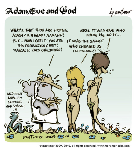 Cartoon: adam eve and god 21 (medium) by mortimer tagged mortimer,mortimeriadas,cartoon,comic,gag,adam,eve,god,bible,paradise,eden,biblical,christian,original,sin,nude,toons,hairy,belly,blonde,illustration,illustrationen,gott,bibel,religion,adam,eva,entstehung,paradies