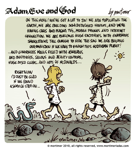 Cartoon: Adam Eve and God 39 (medium) by mortimer tagged mortimer,mortimeriadas,cartoon,comic,biblical,adam,eve,god,snake,paradise,bible,illustration,adam,eva,garten eden,bibel,religion,glaube,garten,eden