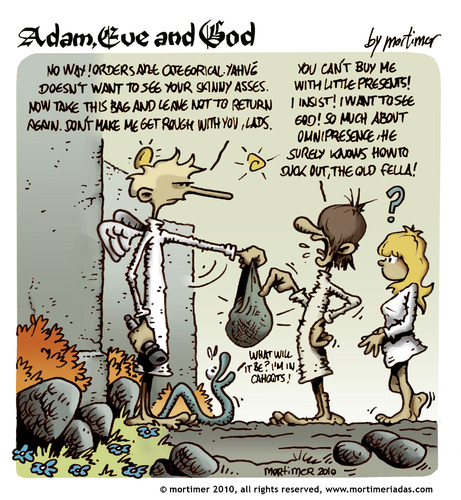 Cartoon: Adam Eve and God 43 (medium) by mortimer tagged mortimer,mortimeriadas,cartoon,comic,biblical,adam,eve,god,snake,paradise,bible,illustration,adam,eva,garten eden,bibel,religion,glaube,garten,eden