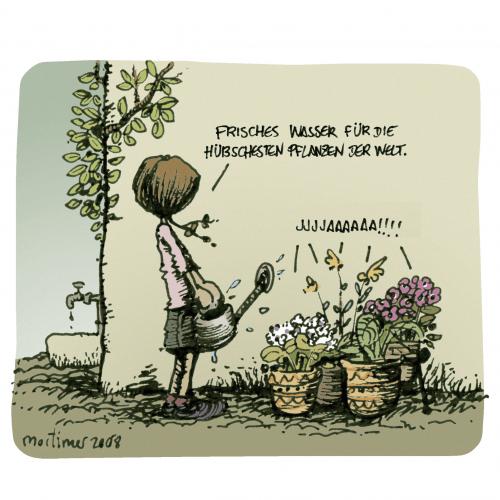 Cartoon: Eine wundervolle Welt (medium) by mortimer tagged mortimer,mortimeriadas,cartoon,kind,kindheit,mädchen,fürsorge,pflege,verantwortung,natur,umwelt,blumen,pflanzen,topfplanze,gießen,gießkanne,wasser,trinken,garten,gärtner,gartenarbeit