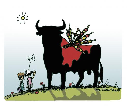 Cartoon: It is a wonderful world OLE (medium) by mortimer tagged mortimer,mortimeriadas,cartoon,it,is,wonderful,world,toro,bull,bullfighting,antibullfighting,osborne,blood,animalrights,spanien,spanier,stier,stiere,stierkampf,gewalt,moral,ethik,tierschutz,kultur