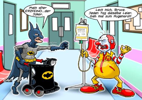 Cartoon: Alter Superheld (medium) by Chris Berger tagged superheld,batman,ronald,mcdonald,altersheim,kurzsichtigkeit,joker,zuckerkrankheit,insulin,feindschaft,schurke,superheld,batman,ronald,mcdonald,altersheim,kurzsichtigkeit,joker,zuckerkrankheit,insulin,feindschaft,schurke