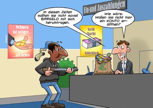 Cartoon: Bankangestellter mit Chuzpe (medium) by Chris Berger tagged bank,überfall,anlage,bankangestellter,räuber,bankraub,bank,überfall,anlage,bankangestellter,räuber,bankraub