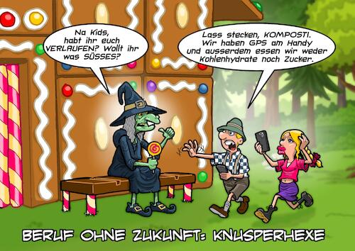 Cartoon: Beruf ohne Zukunft (medium) by Chris Berger tagged hänsel,gretel,hexe,knusperhexe,märchenwald,smartphone,diät,hänsel,gretel,hexe,knusperhexe,märchenwald,smartphone,diät