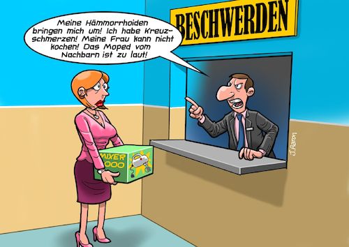 Cartoon: Beschwerdestelle (medium) by Chris Berger tagged beschwerden,reklamation,beschwerdestelle,kaufhaus,umtausch,kundin,angestellter,beschwerden,reklamation,beschwerdestelle,kaufhaus,umtausch,kundin,angestellter