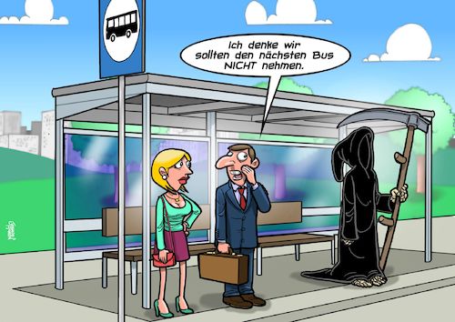 Cartoon: Bushaltestelle (medium) by Chris Berger tagged tod,bus,vorhersehung,passagiere,nahverkehr,final,destination,tod,bus,vorhersehung,passagiere,nahverkehr,final,destination