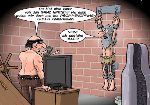 Cartoon: Folter (medium) by Chris Berger tagged vox,fernsehen,rtl,pro7,sat1,folter,kerker,vox,fernsehen,rtl,pro7,sat1,folter,kerker