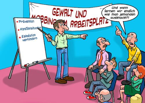 Cartoon: Gewalt am Arbeitsplatz (medium) by Chris Berger tagged gewalt,prävention,arbeitsgruppe,arbeitsplatz,mobbing,deeskalation,gewalt,prävention,arbeitsgruppe,arbeitsplatz,mobbing,deeskalation