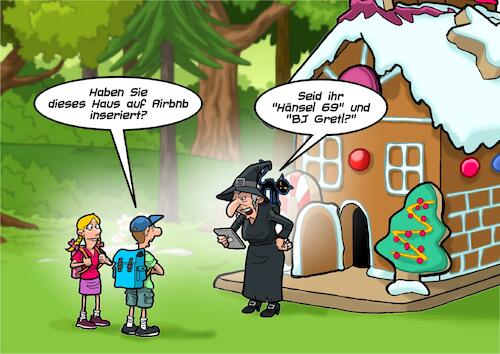 Cartoon: Grimms Märchen 2022 (medium) by Chris Berger tagged hänsel,gretel,airbnb,internet,gebrüder,grimm,hausmärchen,hexe,lebkuchenhaus,hänsel,gretel,airbnb,internet,gebrüder,grimm,hausmärchen,hexe,lebkuchenhaus