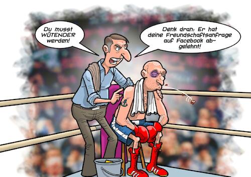 Cartoon: In der Ecke (medium) by Chris Berger tagged boxer,boxen,ring,facebook,soziale,medien,freundschaftsanfrage,knockout,mma,boxer,boxen,ring,facebook,soziale,medien,freundschaftsanfrage,knockout,mma