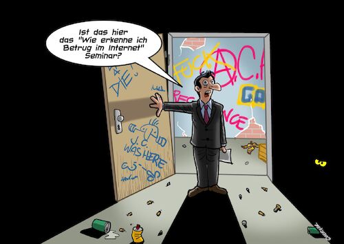 Cartoon: Internetbetrug (medium) by Chris Berger tagged internet,betrug,scam,seminar,gruppe,abandoned,building,täuschung,internet,betrug,scam,seminar,gruppe,abandoned,building,täuschung