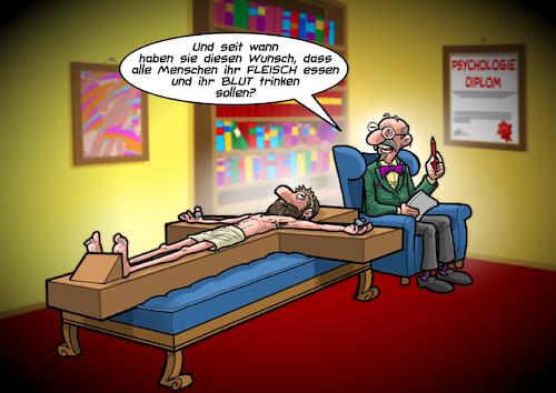 Cartoon: Jesus beim Psychiater (medium) by Chris Berger tagged jesus,psychiater,paranoia,schizophrenie,blut,trinken,fleisch,essen,kannibalismus,glaube,jesus,psychiater,paranoia,schizophrenie,blut,trinken,fleisch,essen,kannibalismus,glaube