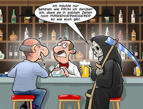 Cartoon: Maskenverweigerer (medium) by Chris Berger tagged maskengegner,verschwörungstheoretiker,pandemie,covid,tod,bar,maskengegner,verschwörungstheoretiker,pandemie,covid,tod,bar