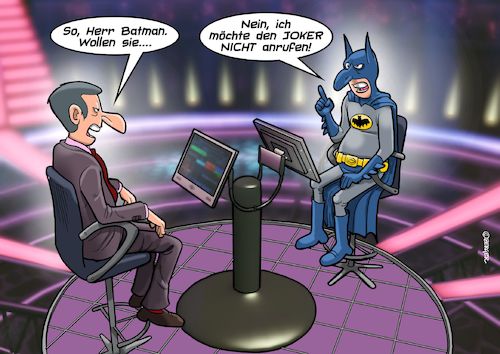 Cartoon: Millionenshow (medium) by Chris Berger tagged batman,joker,millionenshow,wer,wird,millionär,fernsehsendung,moderator,batman,joker,millionenshow,wer,wird,millionär,fernsehsendung,moderator