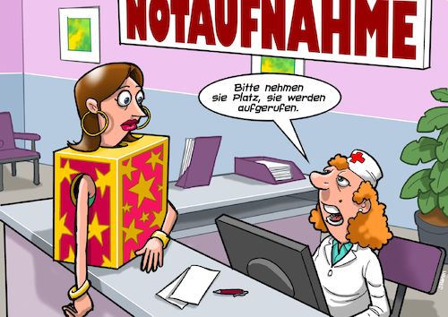 Cartoon: Notaufnahme (medium) by Chris Berger tagged notaufnahme,krankenhaus,unfall,zauberer,magier,zersägte,jungfrau,krankenschwester,notaufnahme,krankenhaus,unfall,zauberer,magier,zersägte,jungfrau,krankenschwester