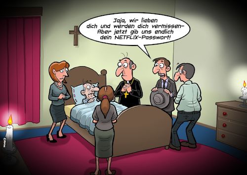 Cartoon: Passwort (medium) by Chris Berger tagged tod,sterben,alter,mann,passwort,netflix,familie,pfarrer,sterbezimmer,tod,sterben,alter,mann,passwort,netflix,familie,pfarrer,sterbezimmer