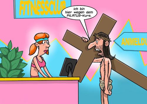 Cartoon: Pontius Pilates (medium) by Chris Berger tagged pilatus,pilates,kurs,jesus,fitness,center,gym,anmeldung,rezeption,pilatus,pilates,kurs,jesus,fitness,center,gym,anmeldung,rezeption