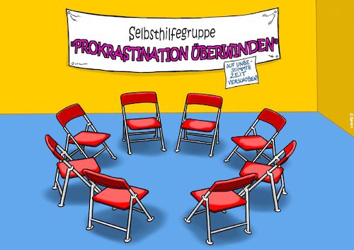 Cartoon: Prokrastination (medium) by Chris Berger tagged prokrastination,aufschieberitis,aufschub,vertagung,faulenzen,selbsthilfe,sesselkreis,stuhlkreis,prokrastination,aufschieberitis,aufschub,vertagung,faulenzen,selbsthilfe,sesselkreis,stuhlkreis