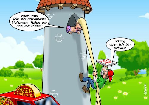 Cartoon: Rapunzel hat Pech (medium) by Chris Berger tagged rapunzel,pizzeria,lieferdienst,pizzabote,schwul,homosexuell,gay,rapunzel,pizzeria,lieferdienst,pizzabote,schwul,homosexuell,gay