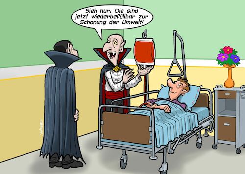 Cartoon: Recycling (medium) by Chris Berger tagged umwelt,grün,recycling,wiederbefüllbar,blut,vampir,dracula,krankenhaus,umwelt,grün,recycling,wiederbefüllbar,blut,vampir,dracula,krankenhaus