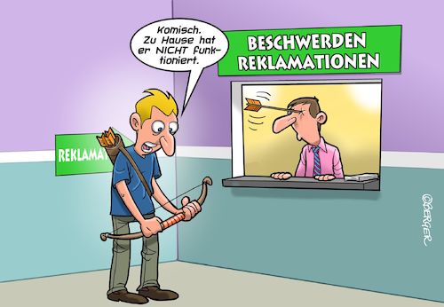 Cartoon: Reklamation (medium) by Chris Berger tagged pfeil,bogen,reklamation,schalter,pfeil,bogen,reklamation,schalter