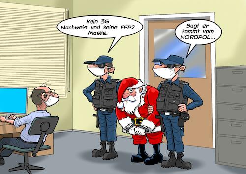 Cartoon: Santa in Schwierigkeiten (medium) by Chris Berger tagged santa,impfen,corona,pandemie,lockdown,impfpflicht,santa,impfen,corona,pandemie,lockdown,impfpflicht