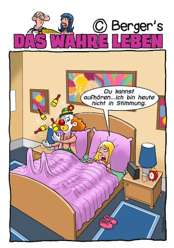 Cartoon: Stimmung (medium) by Chris Berger tagged clown,ehebett,stimmung,jongleur,paar,clown,ehebett,sex,stimmung,jongleur,paar