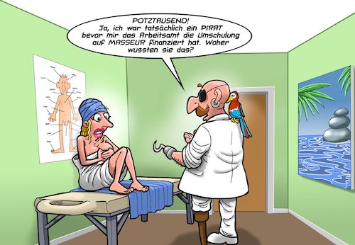 Cartoon: Umschulung (medium) by Chris Berger tagged pirat,masseur,haken,hand,papagei,seefahrt,pirat,masseur,haken,hand,papagei,seefahrt