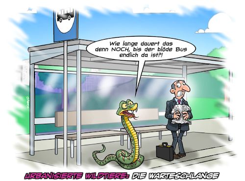 Cartoon: Urbanisierte Wildtiere Teil 1 (medium) by Chris Berger tagged schlange,warteschlange,bushaltestelle,urbanisierung,flachwitze,schlange,warteschlange,bushaltestelle,urbanisierung,flachwitze