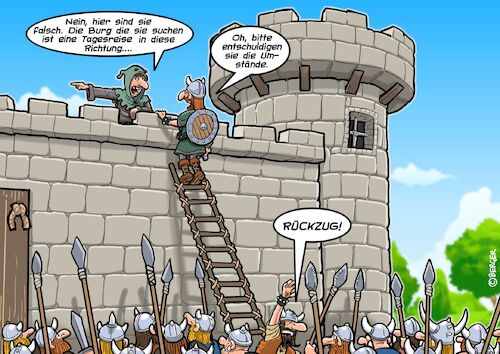 Cartoon: wrong castle (medium) by Chris Berger tagged burg,ritter,raubritter,kreuzzug,überfall,mittelalter,gps,burg,ritter,raubritter,kreuzzug,überfall,mittelalter,gps