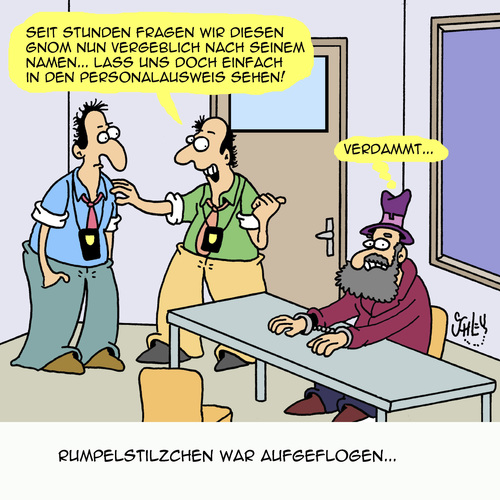 Cartoon: Ach wie gut das keiner weiss... (medium) by Karsten Schley tagged polizei,justiz,verhör,verdächtiger,namen,märchen,rumpelstilzchen,polizei,justiz,verhör,verdächtiger,namen,märchen,rumpelstilzchen