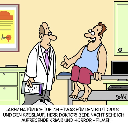 Cartoon: Achtet auf den Blutdruck! (medium) by Karsten Schley tagged gesundheit,männer,ärzte,blutdruck,kreislauf,fernsehen,horrorfilme,krimis,gesundheit,männer,ärzte,blutdruck,kreislauf,fernsehen,horrorfilme,krimis